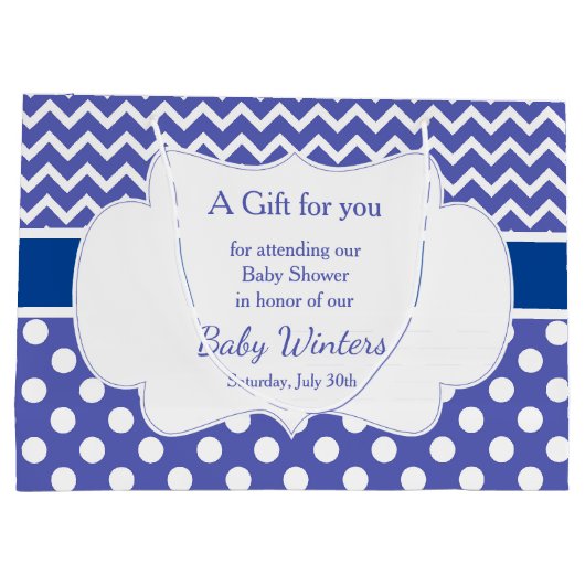 Blue Chevron & White Polka Dots Baby shower Party Groot Cadeauzakje (Achterkant)