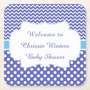 Blue Chevron & White Polka Dots Baby shower Party Kartonnen Onderzetters
