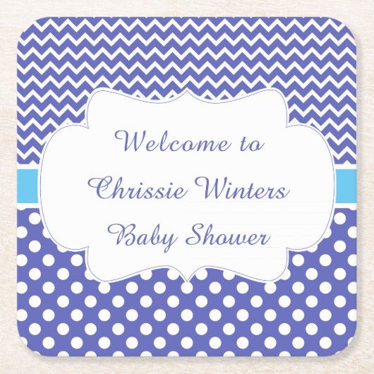 Blue Chevron & White Polka Dots Baby shower Party Kartonnen Onderzetters (Voorkant)
