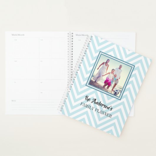 Blue Chevrons Pattern met foto- en familienaam Planner (Display)