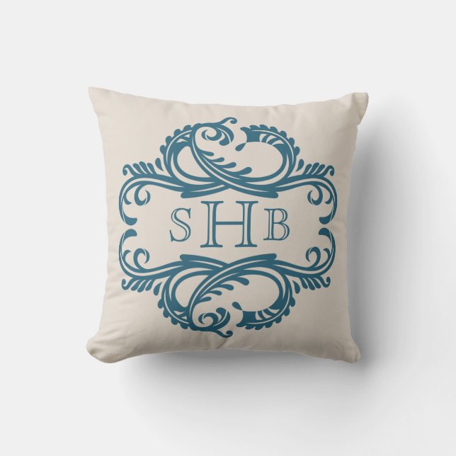 Blue Chic Damask Monogram Pillow Kussen (Voorkant)