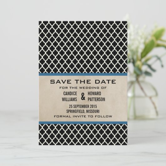 Blue Chic Quatrefoil Save the Date Invite (Staand voorkant)