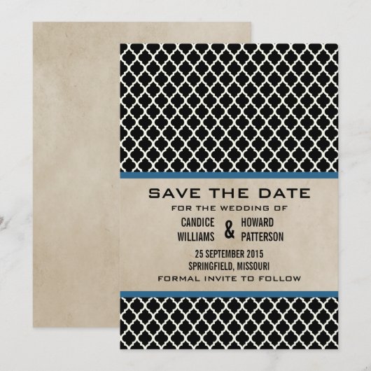 Blue Chic Quatrefoil Save the Date Invite (Voorkant / Achterkant)
