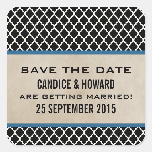 Blue Chic Quatrefoil Save the Date Stickers (Voorkant)