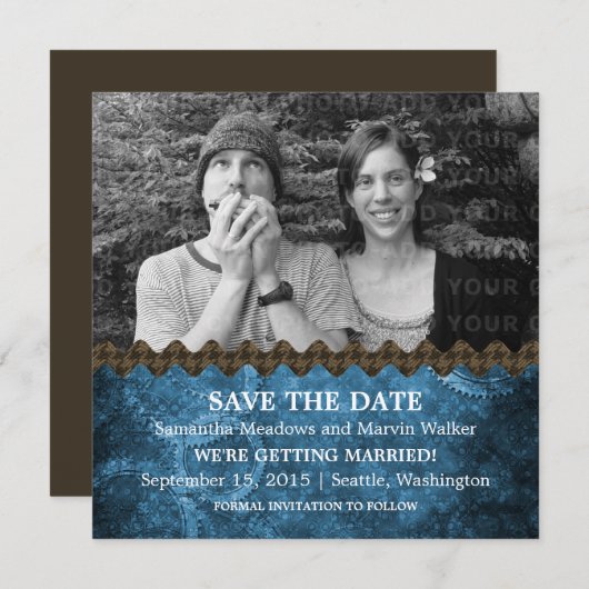 Blue Chic Steampunk Photo Save the Date Invite (Voorkant / Achterkant)