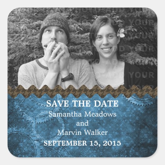 Blue Chic Steampunk Photo Save the Date Stickers (Voorkant)