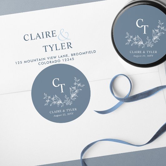 Blue Chic Wedding Monogram Envelope Seal / Favor Ronde Sticker