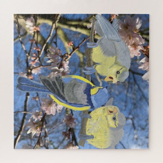 Blue Chickadee Familie tot Almond Blossom Legpuzzel (Horizontaal)