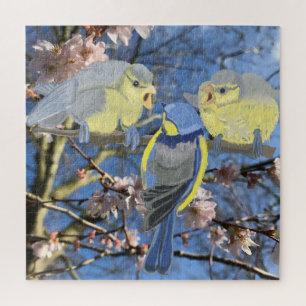 Blue Chickadee Familie tot Almond Blossom Legpuzzel