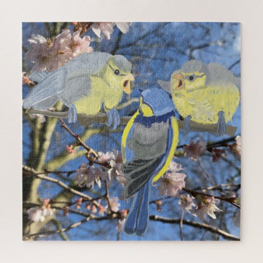 Blue Chickadee Familie tot Almond Blossom Legpuzzel (Verticaal)