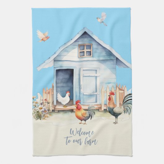Blue Chicken Coop Farmhouse Dish Handdoek (Verticaal)