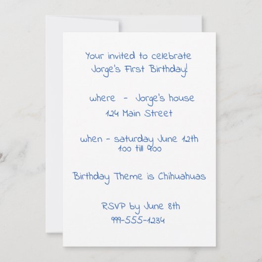 Blue Chihuahua First Birthday Uitnodigingen (Achterkant)