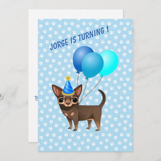 Blue Chihuahua First Birthday Uitnodigingen (Voorkant / Achterkant)