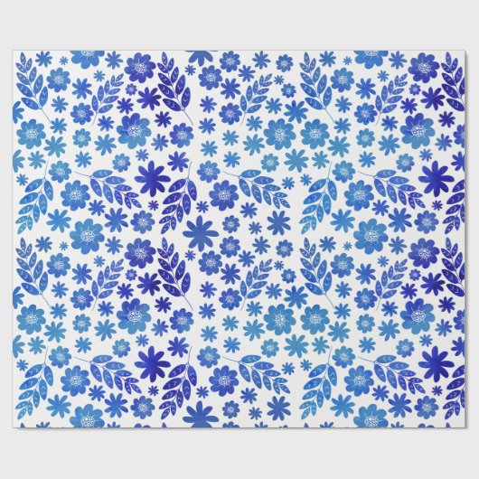 Blue China Hand Drawn Floral Pattern Cadeaupapier (Vlak)