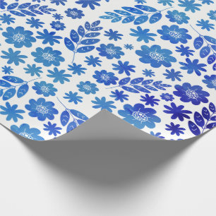 Blue China Hand Drawn Floral Pattern Cadeaupapier