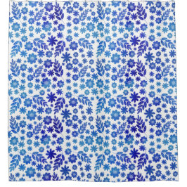 Blue China Hand Drawn Floral Pattern Douchegordijn
