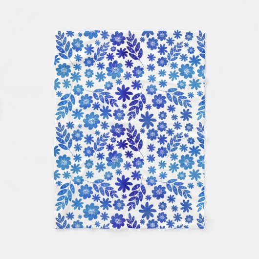 Blue China Hand Drawn Floral Pattern Fleece Deken (Voorkant)