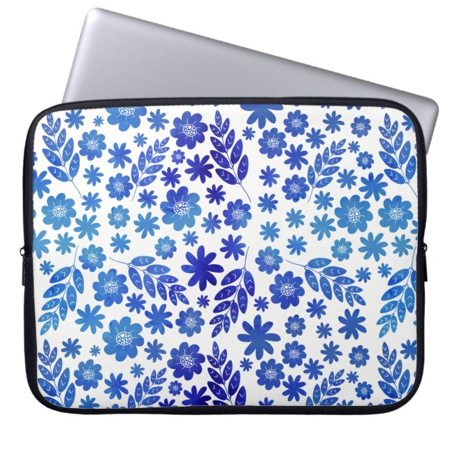 Blue China Hand Drawn Floral Pattern Laptop Sleeve (Voorkant)