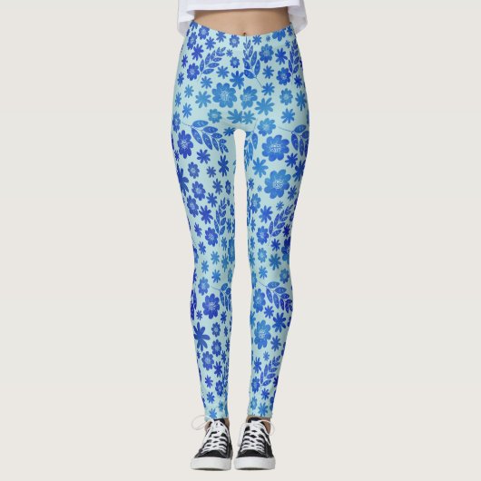 Blue China Hand Drawn Floral Pattern Leggings (Voorkant)