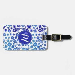 Blue China Hand Drawn Floral Pattern & Monogram Bagagelabel