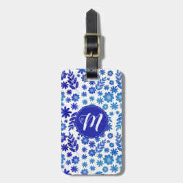 Blue China Hand Drawn Floral Pattern & Monogram Bagagelabel