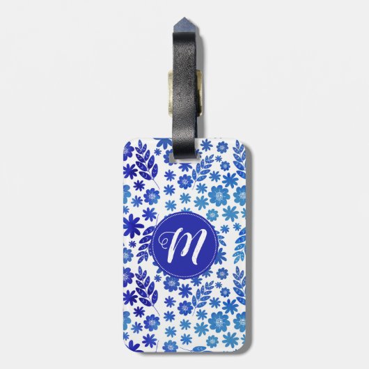 Blue China Hand Drawn Floral Pattern & Monogram Bagagelabel (Achterkant verticaal)