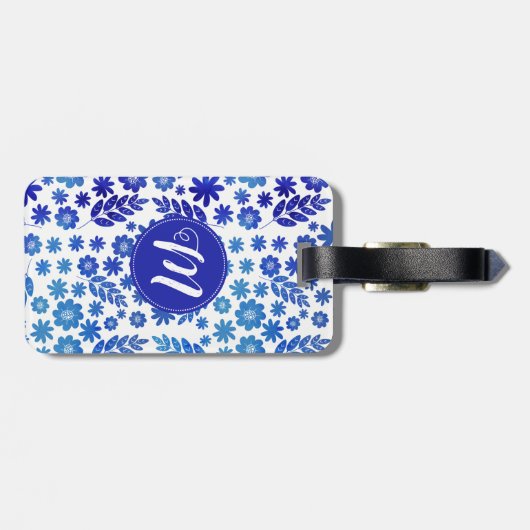 Blue China Hand Drawn Floral Pattern & Monogram Bagagelabel (Achterkant horizontaal)