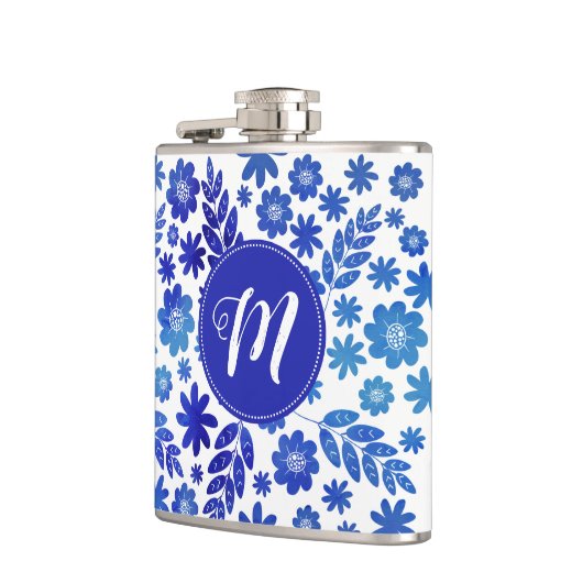 Blue China Hand Drawn Floral Pattern & Monogram Heupfles (Links)