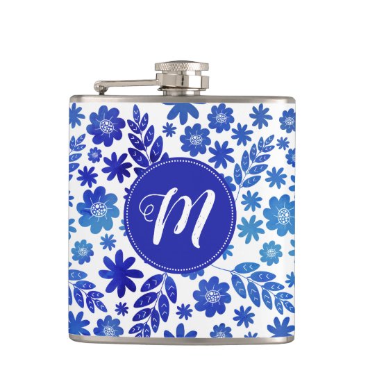 Blue China Hand Drawn Floral Pattern & Monogram Heupfles (Voorkant)