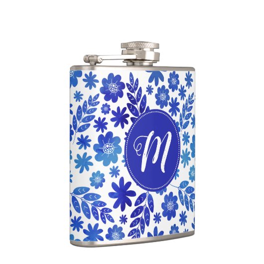 Blue China Hand Drawn Floral Pattern & Monogram Heupfles (Rechts)