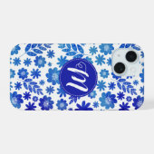 Blue China Hand Drawn Floral Pattern & Monogram iPhone 15 Case (Achterkant horizontaal)