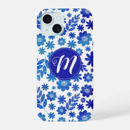 Blue China Hand Drawn Floral Pattern & Monogram iPhone 15 Case (Achterkant)