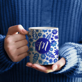 Blue China Hand Drawn Floral Pattern & Monogram Koffiemok