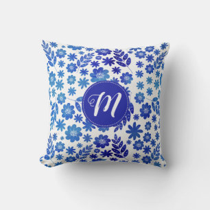 Blue China Hand Drawn Floral Pattern & Monogram Kussen