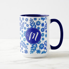 Blue China Hand Drawn Floral Pattern & Monogram Mok
