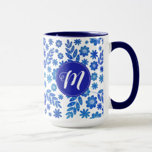 Blue China Hand Drawn Floral Pattern & Monogram Mok