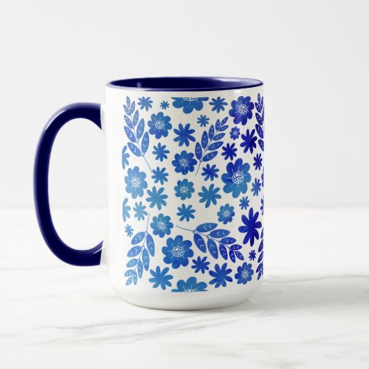 Blue China Hand Drawn Floral Pattern & Monogram Mok (Links)