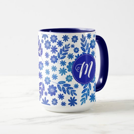 Blue China Hand Drawn Floral Pattern & Monogram Mok (Voorkant rechts)
