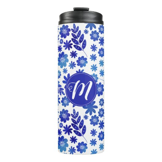 Blue China Hand Drawn Floral Pattern & Monogram Thermosbeker (Voorkant)