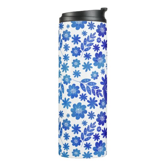 Blue China Hand Drawn Floral Pattern & Monogram Thermosbeker (Gedraaid links)