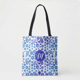 Blue China Hand Drawn Floral Pattern & Monogram Tote Bag