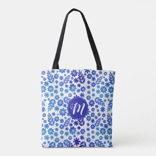 Blue China Hand Drawn Floral Pattern & Monogram Tote Bag (Achterkant)