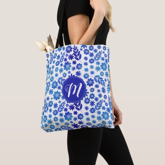 Blue China Hand Drawn Floral Pattern & Monogram Tote Bag (Dichtbij)