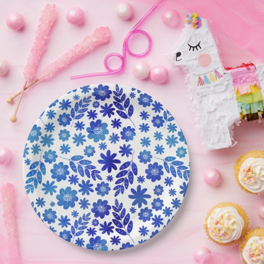 Blue China Hand Drawn Floral Pattern Papieren Bordje (Feest)