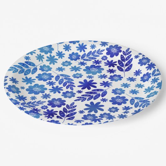 Blue China Hand Drawn Floral Pattern Papieren Bordje (Gekanteld)