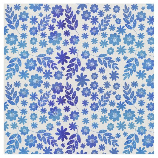 Blue China Hand Drawn Floral Pattern Stof (Close Up)