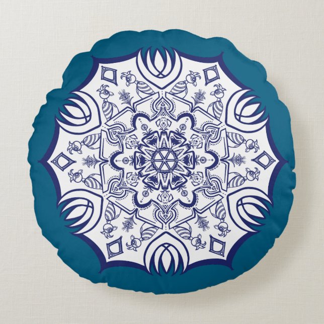 Blue China Mandela Rond Kussen (Voorkant)