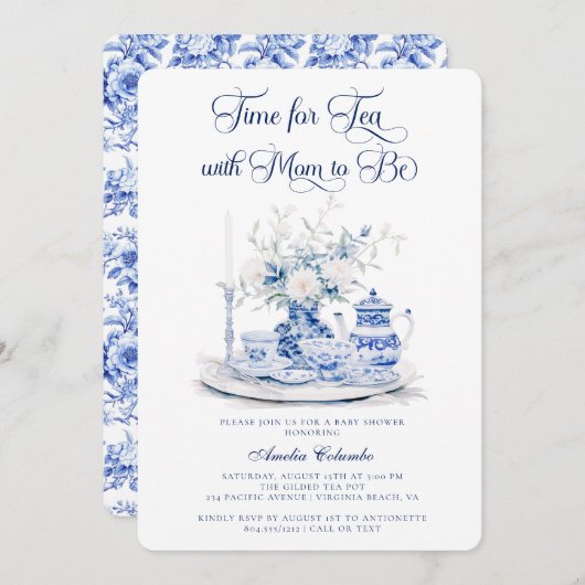 Blue Chinnosserie Baby shower Tea Party Kaart (Voorkant / Achterkant)