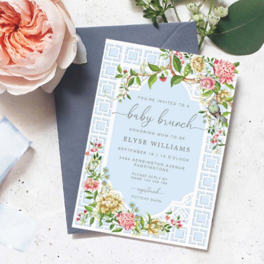 Blue Chinoiserie Baby Brunch Invitation - Trianon Kaart