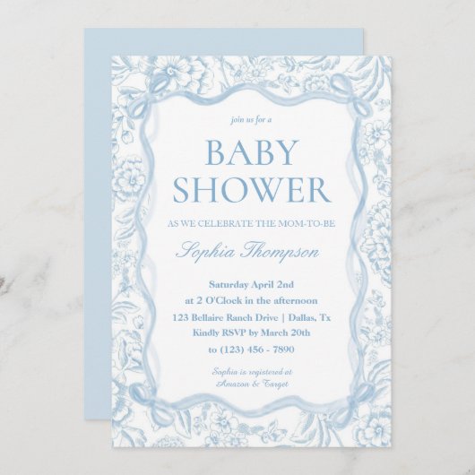 Blue Chinoiserie Baby shower Invitation Kaart (Voorkant / Achterkant)